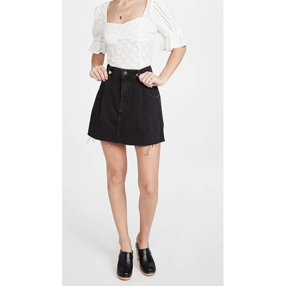 Free People Cosmico Flirt Cutoff Pleated Denim Mini Skirt A Line Rain Black 25 - Picture 2 of 11